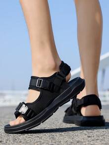 1 Pair Men's Lightweight, Simple, Fashionable Summer Sandals, New Style, Wear-Resistant, Breathable, Non-Slip, Beach Shoes - Black - View 3