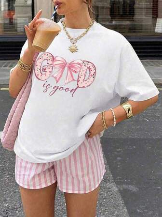 Women's Summer New Bow Pattern And Letter Print Round-Neck Short-Sleeve T-Shirt, Casual Loose Versatile Top, Fashionable Daily Wear White