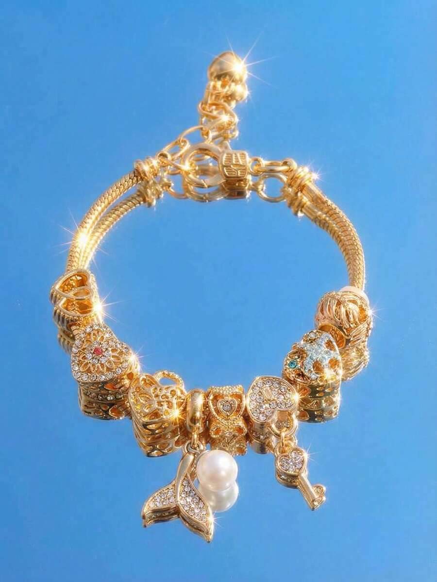 1Pc Fishtail Retractable Stainless Steel Bracelet Featuring A Key, A Lock Charm, And A Stylish Heart-Shaped, Making It The Perfect Gift For Valentine'S Day - Multicolor - View 1