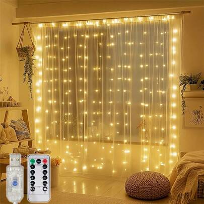 100/200/300颗LED灯珠USB供电仙女灯串，8种模式，室内窗帘灯，USB供电，带遥控器，适用于卧室、婚礼、圣诞节、万圣节、斋月、新年和其他节日派对装饰