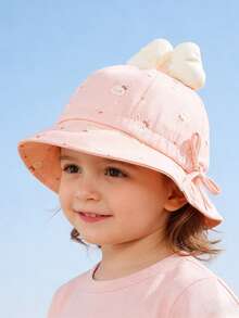 1顶婴儿柔软棉质兔子印花蝴蝶结可调节宽檐遮阳帽，休闲户外防紫外线 - 1PC - 查看 1
