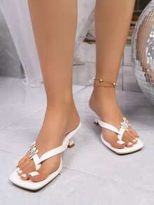 Soft Leather Square Toe Wide Strap Slide Sandals, Thong Sandals With Kitten Heels, Versatile Stilettos Flip Flops For Women - White - View 4