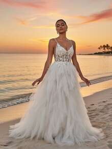 2026新款吊带深V领蕾丝薄纱婚纱，适合婚礼、派对、情人节活动、鸡尾酒会、宴会和其他场合。 - 白色 - 查看 10