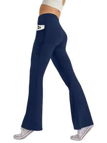 GEREARC Women's High-Waist Pocketed Yoga Pants – Seamless Flare Bootcut Style, Athletic & Casual Wear - màu xanh hải quân - Xem 2
