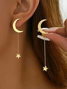 1 Pair Minimalist Moon & Star Stud Earrings, Front & Back Wear Design Earrings - Multicolor - View 1