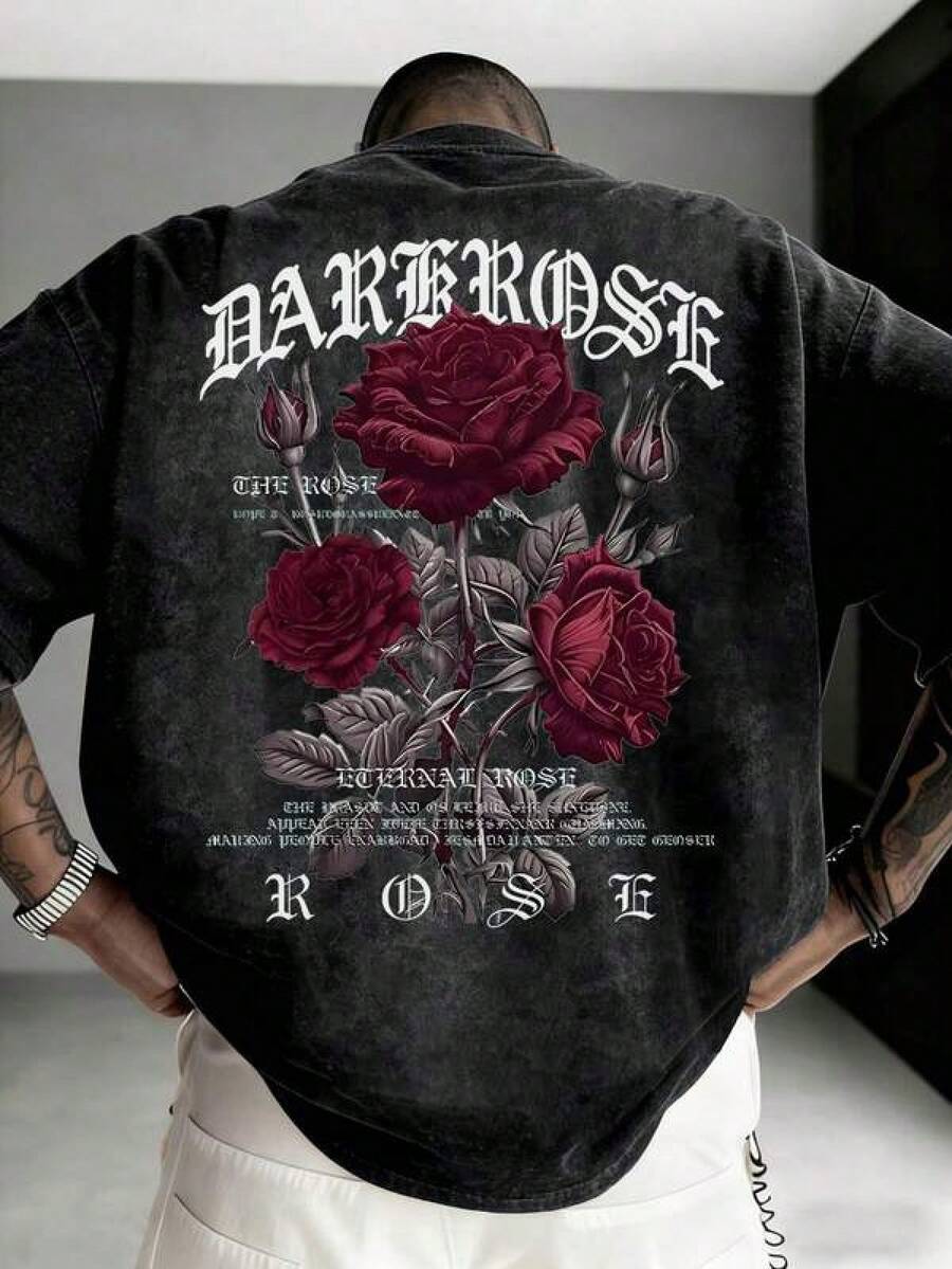 Graphic Tees Women Men's Casual Versatile Simple Rose Flower Print Short Sleeve T-Shirt Men's Summer Casual 180g Pure Cotton T-Shirt Patterned Printed Short Sleeved Top T-Shirt - 黑色 - 查看 1