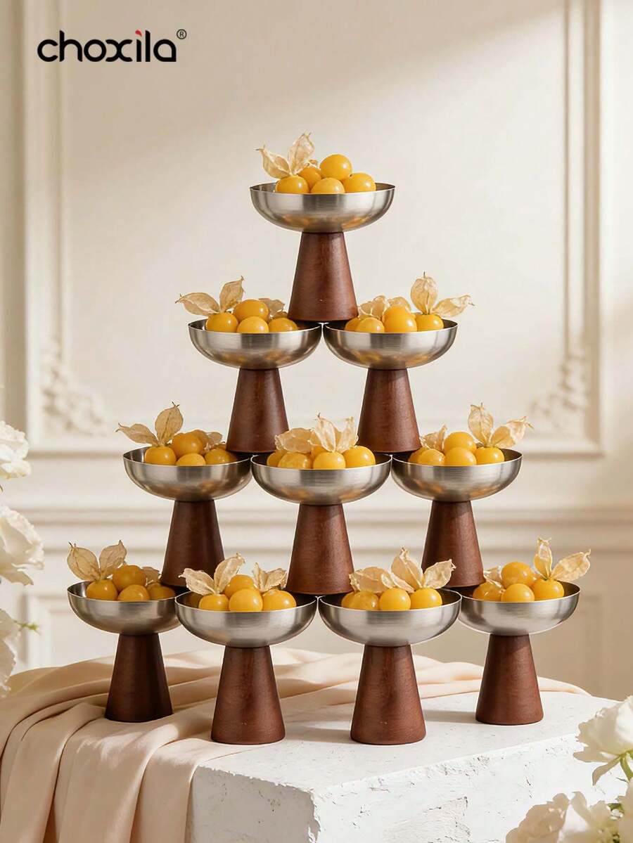 choxila 1/3pcs Wooden Bottom Stainless Steel Tray, Fruit Tray, Dessert Cup, Plate, Bowl, Ice Cream Bowl, Yogurt Cup, Suitable For Home, Party, Hosting Guests, Ramadan, Eid Al-Adha - Cup - View 1