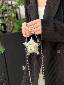 1个迷你金属小包，电镀银色零钱包，闪亮前卫金属星形手提包，配链条肩带，独特造型手拿包，珠宝袋，优雅零钱包，耳机盒，婚礼 - 銀色 - 查看 9