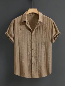 男士短袖衬衫，商务休闲，夏季新款，纯棕色镂空 - 棕色 - 查看 2