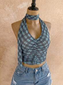 Sexy Backless Fitted Vintage Plaid Camisole, Suitable For Valentine's Day Outings, Beach Vacations, Carnival Parties, Spring/Summer - Blue - View 2