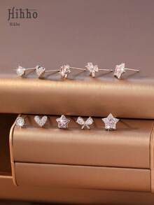 Hihho 10件套（优雅白色礼盒）闪亮立方氧化锆蝴蝶心形耳环，7天耳环套装，心形、星星、蝴蝶结银色耳钉，优雅女士的最佳礼物 - 金色 - 查看 4
