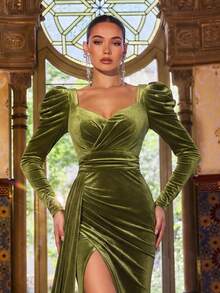 Faeriesty 女士优雅甜心领高开衩泡泡袖连衣裙，泡泡袖设计，正式修身晚礼服，适合盛大舞会、黑领结晚宴、婚礼、红毯活动和宫廷主题派对。春季派对 - 橄欖綠 - 查看 1