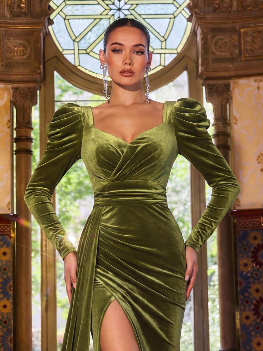 Faeriesty 女士优雅甜心领高开衩泡泡袖连衣裙，泡泡袖设计，正式修身晚礼服，适合盛大舞会、黑领结晚宴、婚礼、红毯活动和宫廷主题派对。春季派对 - 橄欖綠 - 查看 1