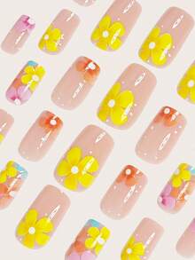 Mejora tu apariencia instantáneamente con 24 uñas postizas de tamaño mediano y forma cuadrada. Diseño de flores amarillas y color albaricoque para y verano. Uñas postizas de cobertura completa para mujeres y niñas, incluye 1 hoja de pegatinas adhesivas y 1 lima de uñas mini. Adecuado para fiestas, citas y uso diario en la oficina. Se envía aleatoriamente con pegamento de gelatina. - Multicolor - Ver 4