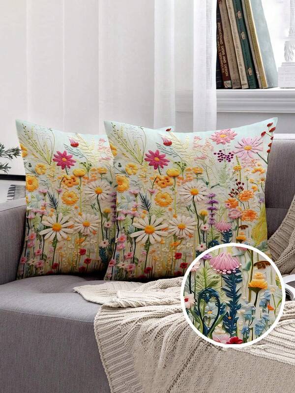 2pcs Bohemian Style Vibrant Floral Pattern Spring Floral Bohemian Pillow Cover, Geometric Print Bohemian Cushion Case, Vintage Linen Feel, Best Seller, Hidden Zipper, Machine Washable, Decorative Throw Pillow Cover For Home, Sofa, Living Room, Bedroom, No Pillow Insert
