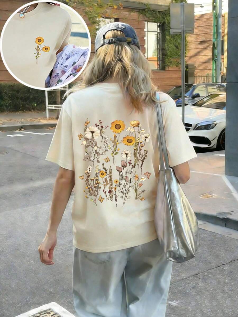 女士新款简约可爱图案休闲度假风宽松百搭圆领短袖T恤，时尚日常上衣，适合日常度假穿着。女士新款夏季假日时尚印花日常款。适合情人节、返校季、教师节等节日穿着。字母印花短袖T恤，柔软宽松舒适，高端街头风宽松休闲百搭短袖上衣 - 杏色 - 查看 1