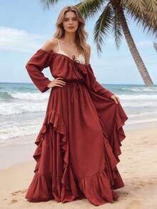 Women's Fall Ruched Dress Elegant Solid Color Long Sleeve Scoop Neck Loose Fit Dress For Daily Event Wear - Red - View 7
