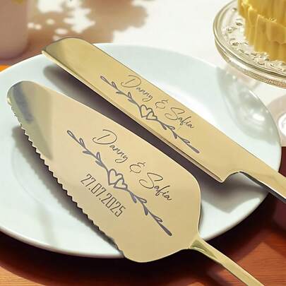 Juego personalizado de cortador de pastel de acero inoxidable, juego de pastel de boda, regalo de celebración y aniversario - Juego personalizado de cuchillo y tenedor para pastel de boda - Utensilios de postre grabados personalizados - Regalo de boda - Juego de corte de pastel de cumpleaños