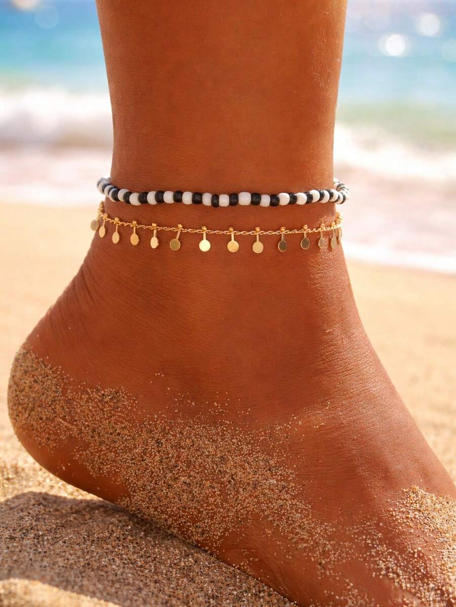2pcs/Set Beach Vacation Style Black & White Beaded Copper Disc Chain Anklet (Avoid Contact With Water) - Black and White - View 1