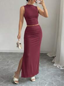 Women Two Piece Outfits Summer Mock Neck Sleeveless Knit Tops Maxi Skirt Set Slim Fit Pencil Skirt Going Out Dress Matching Set For Holiday Vacation Party Evening Club Night Out - 酒紅色 - 查看 1