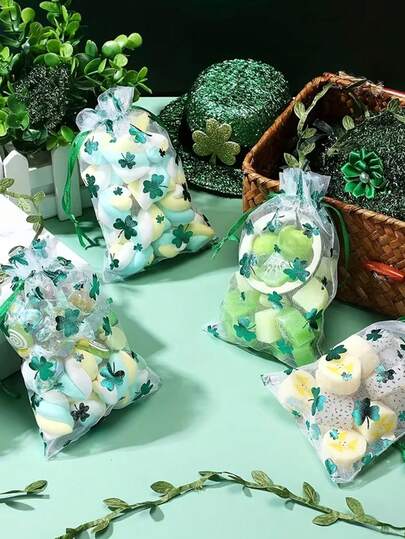 50/30pcs Green Clover Pattern Organza Bags, Decorated With Green Leaf Pattern, St. Patrick's Day Gift Bags, Clover Pattern Organza Bags, Jewelry Storage Bags, Suitable For St. Patrick's Day Gift Packaging, Theme Party Gifts Decoration, Gift Packaging Bags, Storage Bags