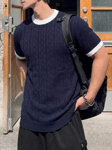 ALTZTAR Men's Crew Neck Textured Jacquard Short Sleeve Casual Commuter Knit Sweater - Navy Blue - View 5