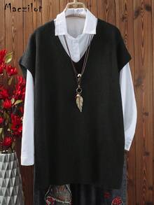 大码女式套头毛衣，休闲舒适V领无袖针织上衣 - 黑色 - 查看 2