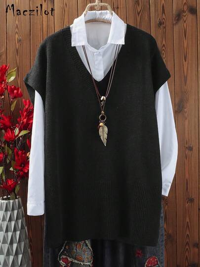 Plus Size Women Plus Size Pullover Sweater, Casual Comfortable V-Neck Sleeveless Knit Top