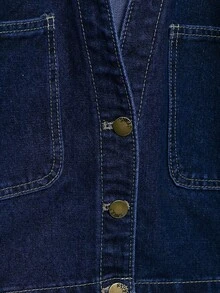 女士短袖单排扣口袋休闲牛仔衬衫，春夏款 - 深色水洗藍 - 查看 4