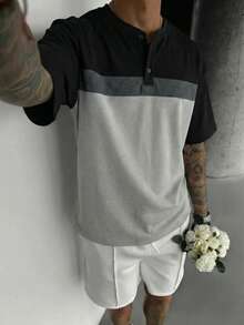 GRDR 1pc Men's Casual Henley Neck Short Sleeve T-Shirt, Summer - Black - View 2