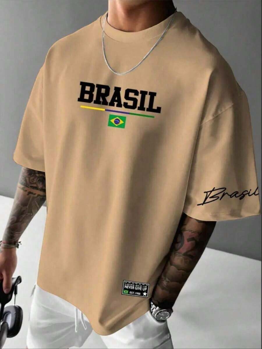 Men's Streetwear T-Shirt With Brazil Print, Cotton - Khaki - View 1