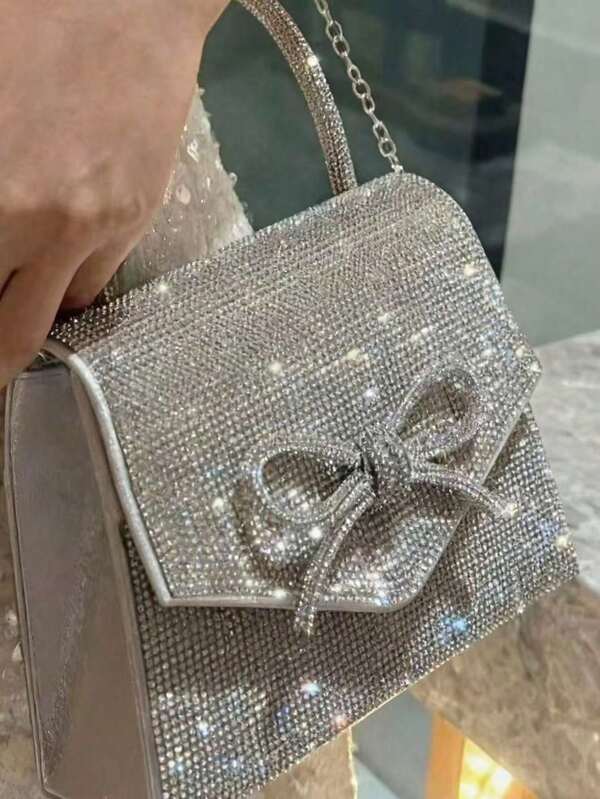 优雅女士晚宴手拿包/单肩包，饰以蝴蝶结和闪亮水钻，光彩夺目。适合派对、聚会、婚礼、舞会、盛会和约会等场合。金色包包，银色包包，晚宴包