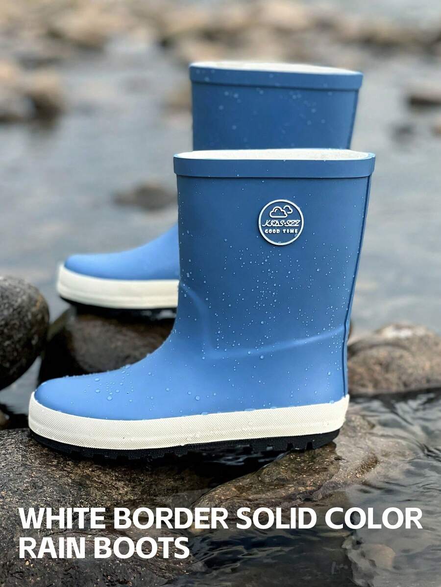 Kids Blue Solid Color Rain Boots, Waterproof Non-Slip Boots For Outdoor Play And Rainy Days - 藍色 - 查看 1