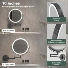 Espejo de Tocador Montado en la Pared de 10 Pulgadas con Aumento, Recargable 3000 mAh, 3 Modos de Luz y Brillo Regulable, Brazo Ajustable, Ideal para Baño o Dormitorio - Negro668 - Ver 8