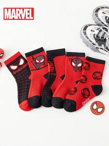 5 Pairs Marvel Superhero Venom & Spider-Man Socks, Cartoon Style Mid-Calf Socks For Boys & Girls, Autumn/Winter - Multicolor - View 2
