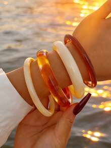 4 peças/3 peças Conjunto Vintage Punk Geométrico Assimétrico Pulseira de Resina Marrom, Café, Azul, Amarelo Acrílico Semi-Transparente Espessa, Personalizada Minimalista Elegante Adequada para Mulheres e Homens, Presente para Festa, Jantar, Dia a Dia (Padrão de Resina Aleatório) - Multicolorido - Visão 5