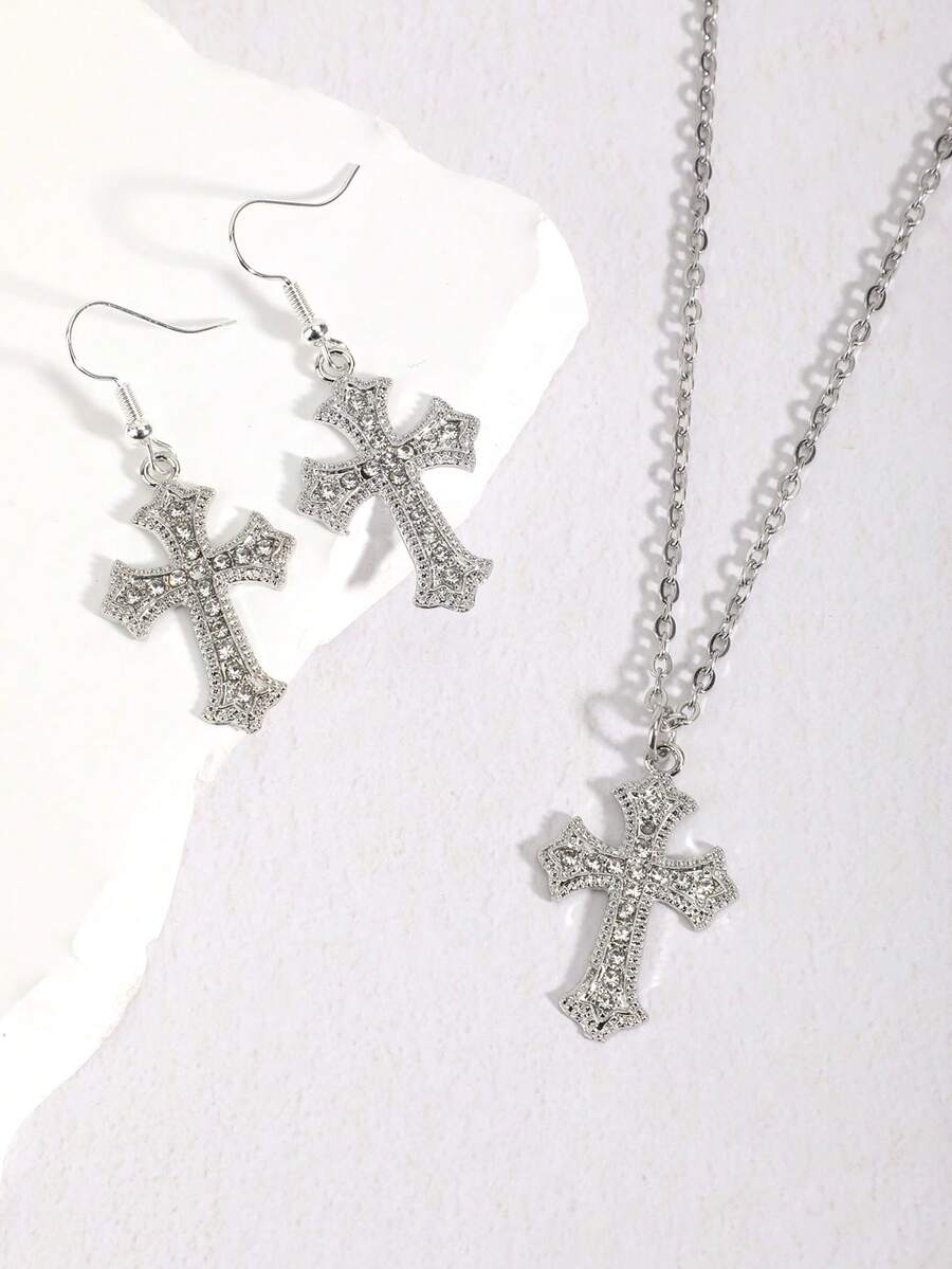 قلادة صليب مرصعة بالراين + أقراط صليب مرصعة بالراين زوج واحد، قلادة صليب زركونيا بطراز جوتيك قديم، تصميم فاخر وبسيط مناسب للارتداء اليومي والعطلات والهدايا - فضي - مشاهدة 1