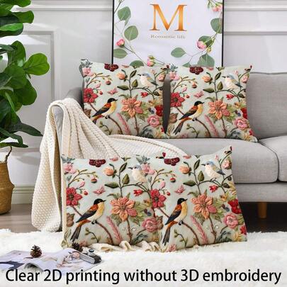 4pcs Bird & Flower Printed Pillow Covers, Soft & Comfortable Polyester, 45x45cm (17.72x17.72inch), Zipper Closure, Machine Washable, Suitable For Home Decor, Living Room, Bedroom, Porch, Garden, Hotel, Cafe, Outdoor (Cushion Covers Only - Insert Not Included)
