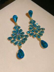 1 par de pendientes colgantes con borlas de lágrima con incrustaciones de rhinestone, diseño de moda para fiestas y eventos - Azul - Ver 3