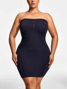 Women Plus Size Seamless Strapless Bodysuit, Removable Straps, Tight-Fitting Summer One-Piece Dress - Black - View 4