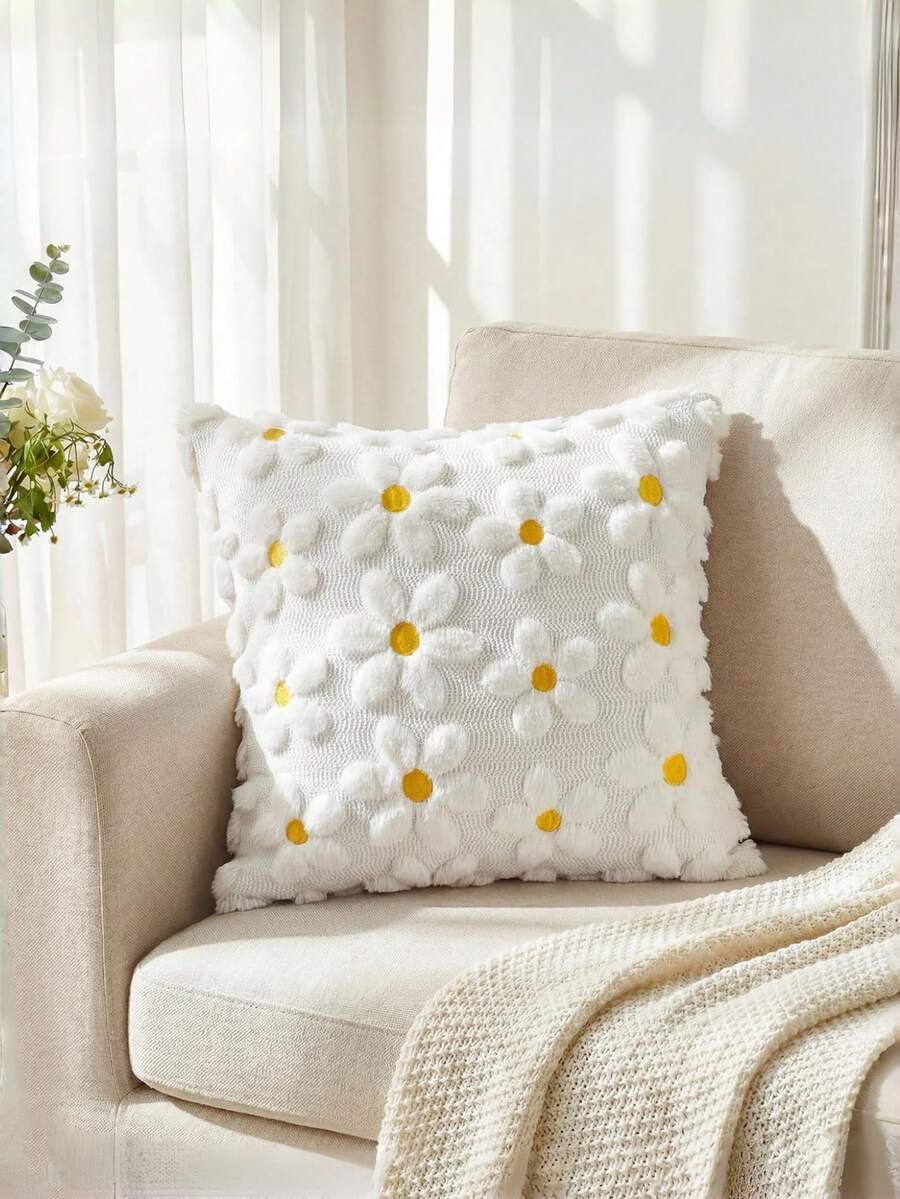1pc Pink Daisy Decorative Pillow Cover Set, Countryside Style Floral Heart Soft Plush Jacquard Cushion Cover For Home Sofa, Spring/Summer - White - View 1