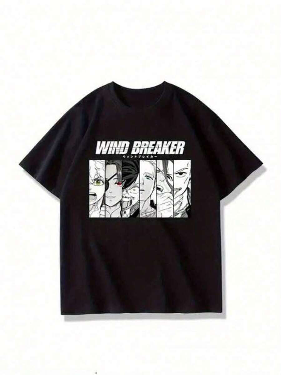 Mens Tshirts Men's Fashion Print Casual Four Seasons Men's Anime Pattern Trench T-Shirt - Black Short Sleeve Round Neck Printed Top, 4-Character Printed Design, Regular Fit, Non-See-Through Fabric, Hand Wash Only Men's Fashion Print Casual T-Shirt Casual Summer T-Shirt, Comfortable Outdoor Casual Wear - 黑色 - 查看 1