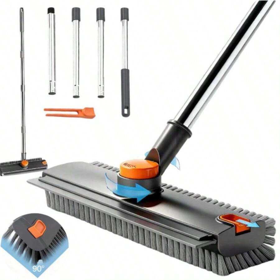 Floor Scrub Brush With Long Handle, 3 In 1 Scrape And Heavy-Duty Stiff Bristle Floor Scrubber Brush With Squeegee And Tweezer For Cleaning Tile Wall Deck Bathroom Patio Garage Kitchen