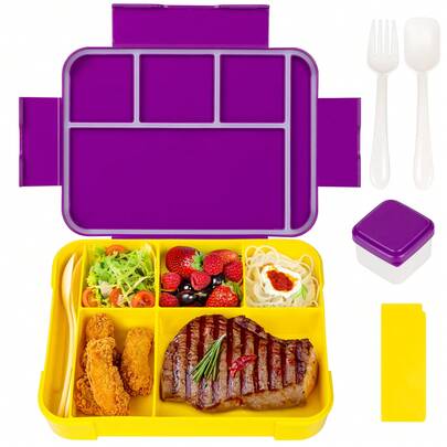 1pc Large Capacity Compartment Sealed Lunch Box With Fork And Spoon, Leak-Proof Compartment Bento Box, Reusable Portable Microwaveable Lunch Box, Food Saver, Salad Container, Fruit Container, Ideal For Office, Outdoor Travel And Back-To-School Supplies