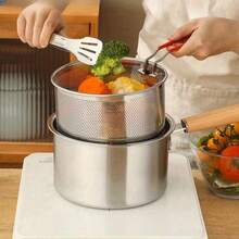 4-Piece Stainless Steel Multi-Purpose Deep Fryer Set (Includes Non-Stick Deep Fryer, Frying Rack, Glass Lid, And Clips) - Essential Kitchen Deep Fryer For Noodles/Butter - Silver - View 2