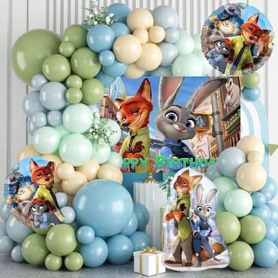 Bộ bóng bay trang trí màu xanh lá cây chủ đề Judy và Nick, phông nền trang trí tiệc gia đình, phụ kiện trang phục, phụ kiện trang trí tiệc trường học.