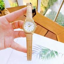 Orient Luxury Women's Gold Rhinestone Bezel Elegant Beige Leather Band Quartz Wrist Watch With Arabic Numerals - White - View 4