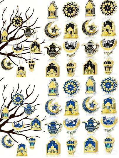 9件套蓝/黑开斋节装饰挂件，优雅的月亮、星星、城堡和灯笼图案，斋月纸质挂饰，主题派对装饰，开斋节派对用品，DIY装饰，适用于斋月、开斋节派对、开斋节晚宴装饰、DIY派对装饰