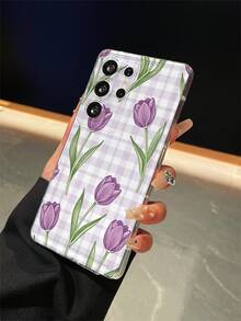 1个格子郁金香图案透明防摔手机保护壳，TPU材质，适合作为节日礼物送给男士和女士，兼容三星手机 - 彩色 - 查看 1