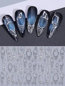 2片银色浮雕5D不对称线条星形图案Y2K风格银色闪光哥特式浮雕美甲贴纸，DIY美甲配件，美甲沙龙用品 - 銀色 - 查看 3